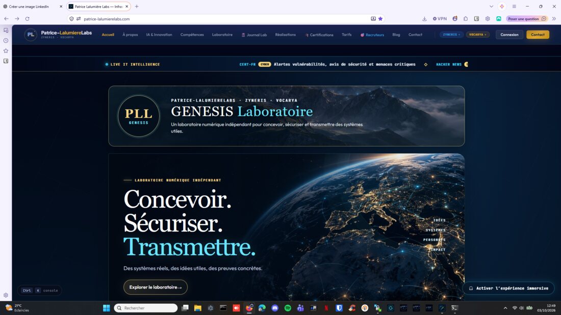 Accueil de Patrice-LalumiereLabs.com présentant le laboratoire numérique GENESIS et ses projets.