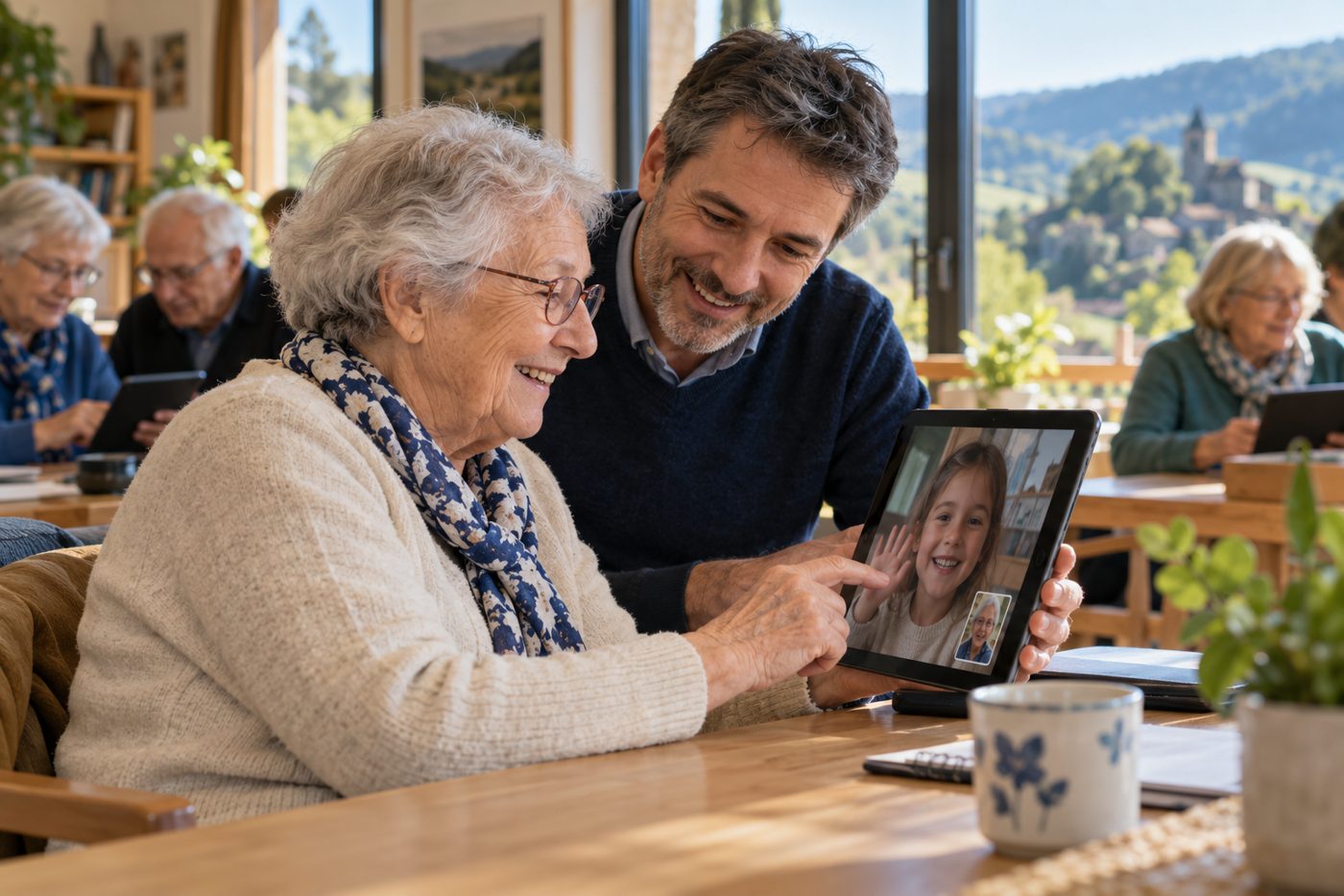 Une résidente apprend à utiliser une tablette avec l’aide d’un formateur pour échanger en vidéo avec sa petite-fille.